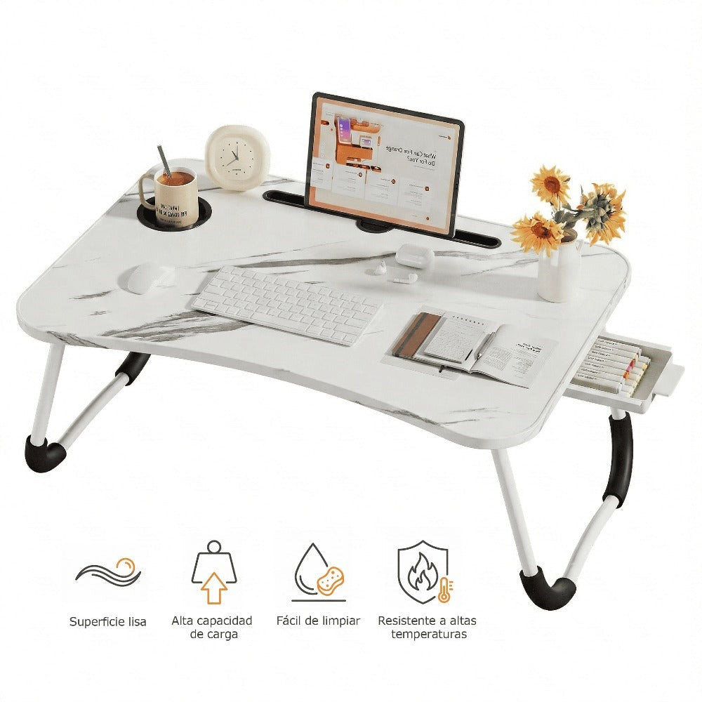 Mesa plegable multifunción para cama y sofá con portavasos, 60×40×28 cm, mesa auxiliar con atril para leer en la cama, bandeja multifunción para ordenador, libros, trabajo y estudio en casa (con cajón / sin cajón)
