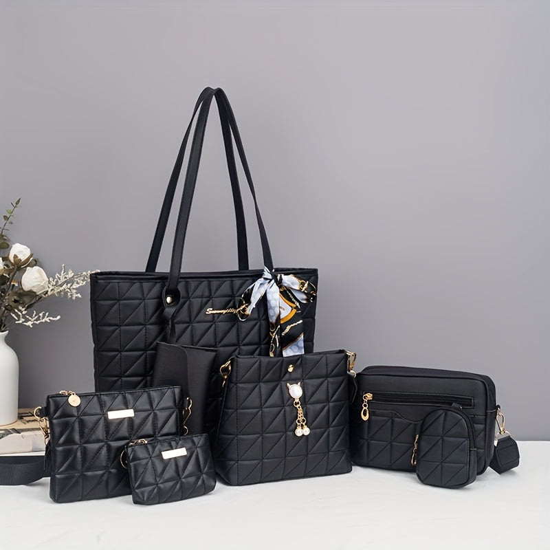 Bolso Tote de Rombo Elegante Juego de Siete Piezas | Juego Versátil de Dos Piezas con Bolso Bandolera, Bolso de Hombro, Bolso Cubo, Clutch | Bolso Tote Casual Multifuncional de Gran Capacidad | Decoración Clásica con Herrajes | Ideal para Viajes y Salidas