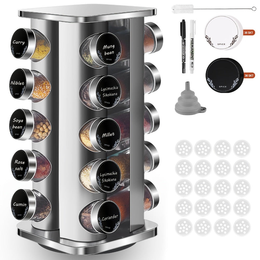 Miorkly Estante de Especias Cuadrado con 12/20 Tarros, Carrusel Giratorio 360° en Acero Inoxidable para Organizar Condimentos, Soporte Vertical y Dispensadores Incluidos