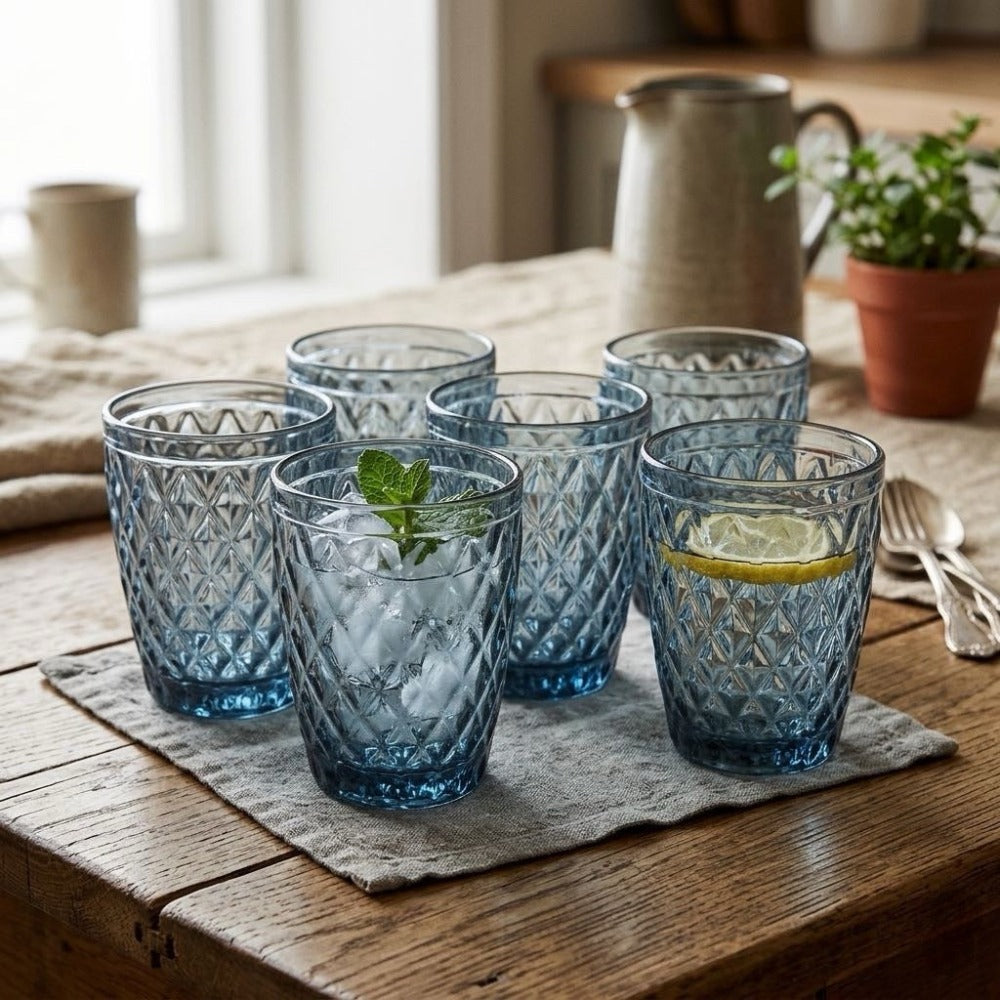 TRESV Set de 6 Vasos de Cristal 250ml | Diseño de Diamante Elegante | Aptos para Lavavajillas | Vidrio Sin Plomo para Agua y Refrescos