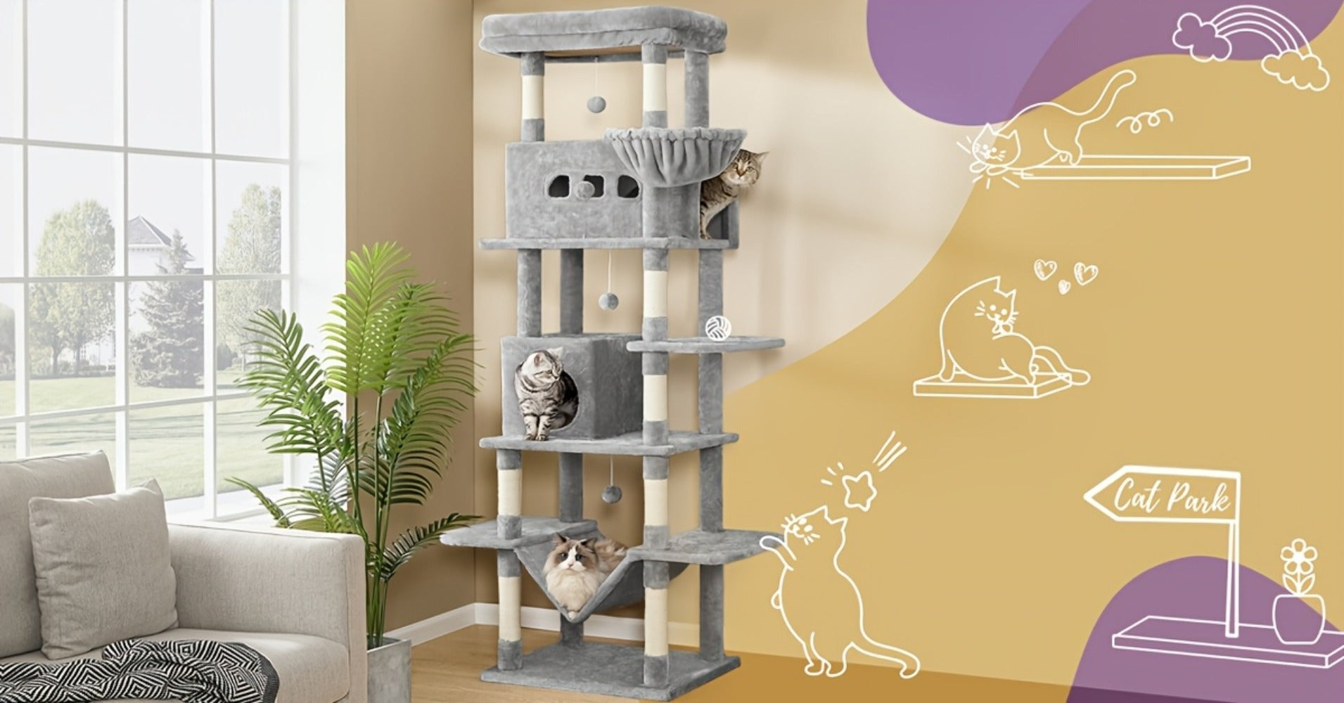 Árbol para Gatos de Interior, Torre Alta de 210 cm con Múltiples Niveles, Casa para Gatos, 8 Postes Rascadores, Hamaca y 4 Pompones