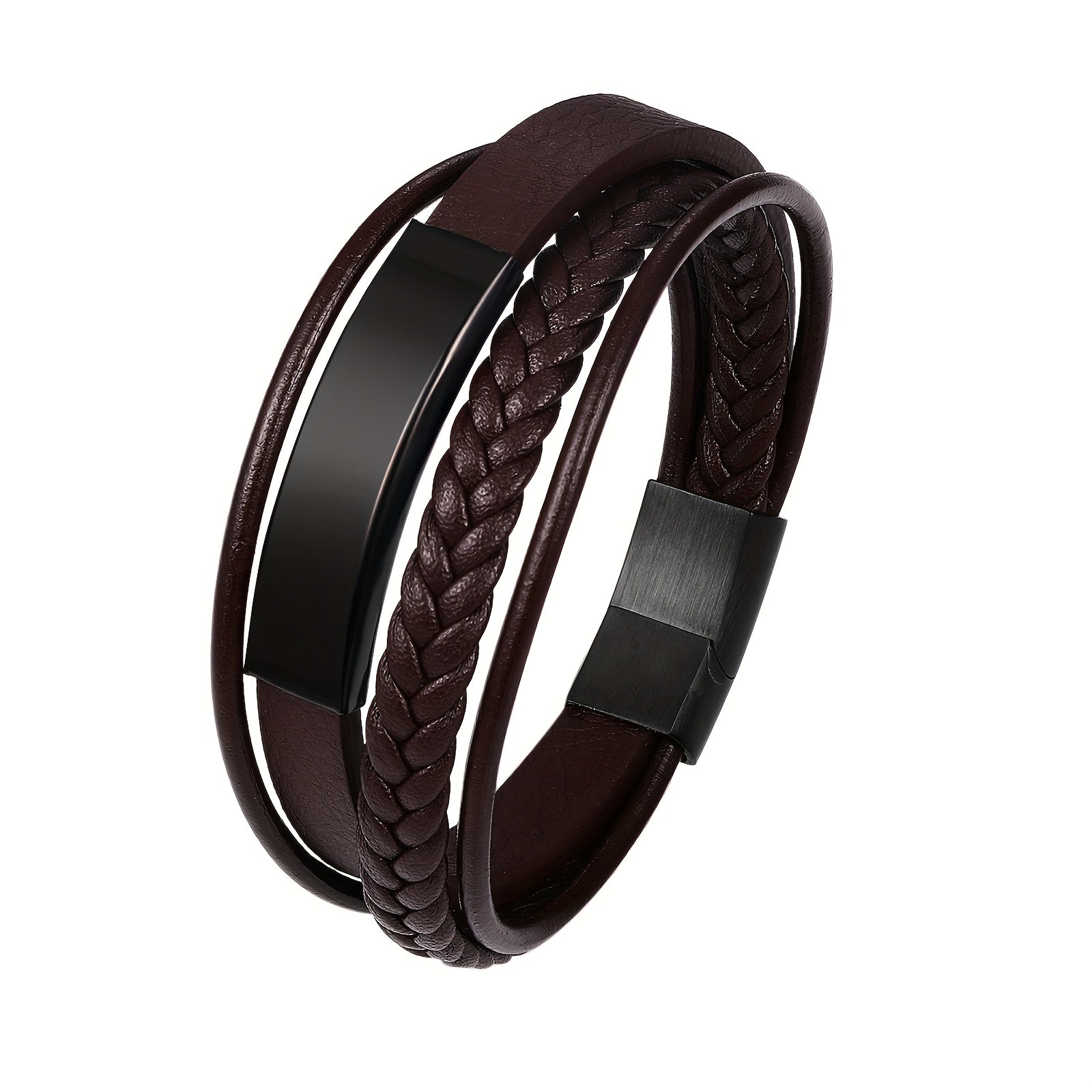Un brazalete tejido multicapa diseñado para hombres, equipado con un cierre curvo de marca. Su longitud ajustable lo convierte en un regalo ideal para hombres