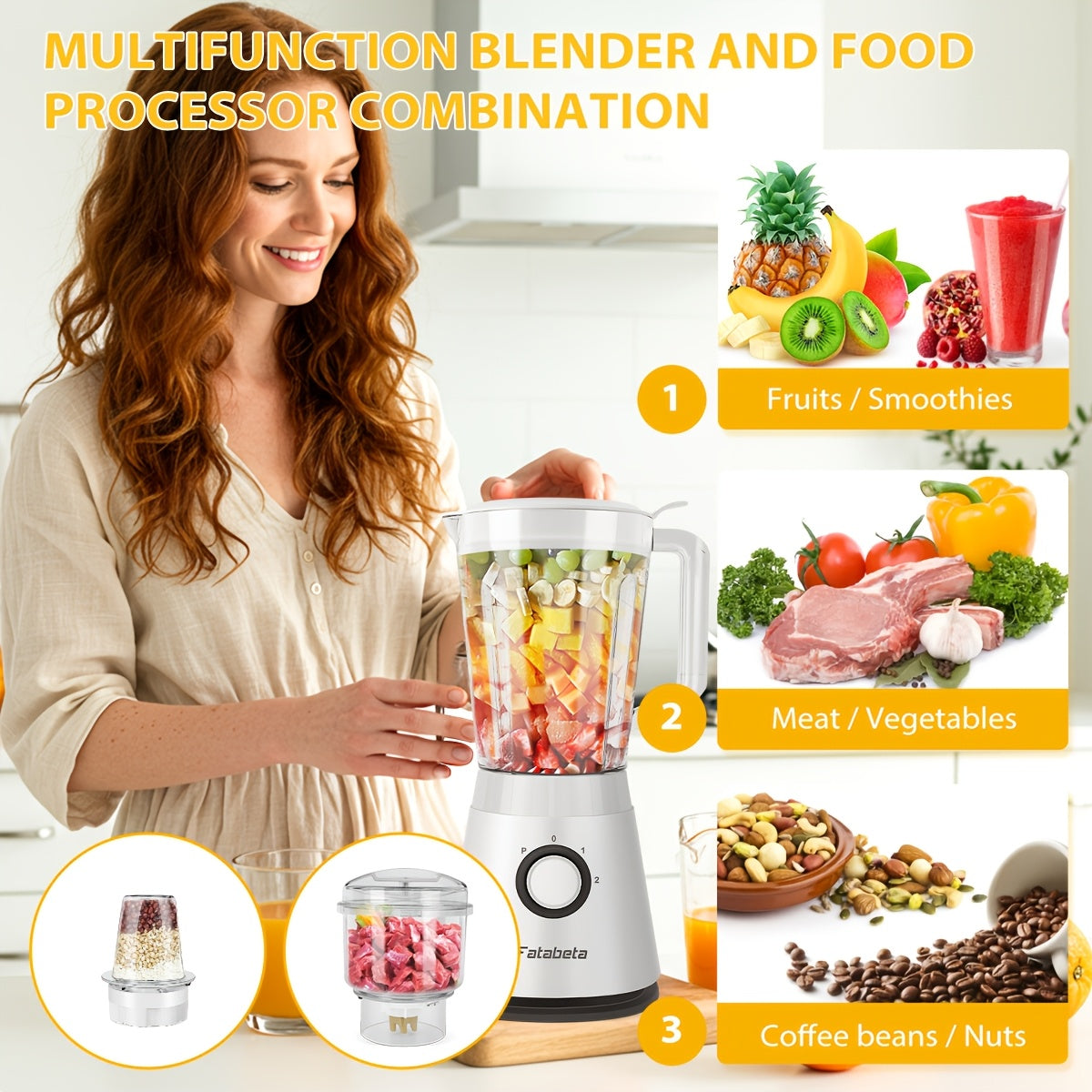 Batidora de Gran Capacidad de 1500ML, Procesador de Alimentos 3 en 1, Picadora de Carne, Licuadora para Cocina Casera y Verduras, Jugos Saludables para el Hogar, Smoothie, Sorbete, Batido, Ice Slushie
