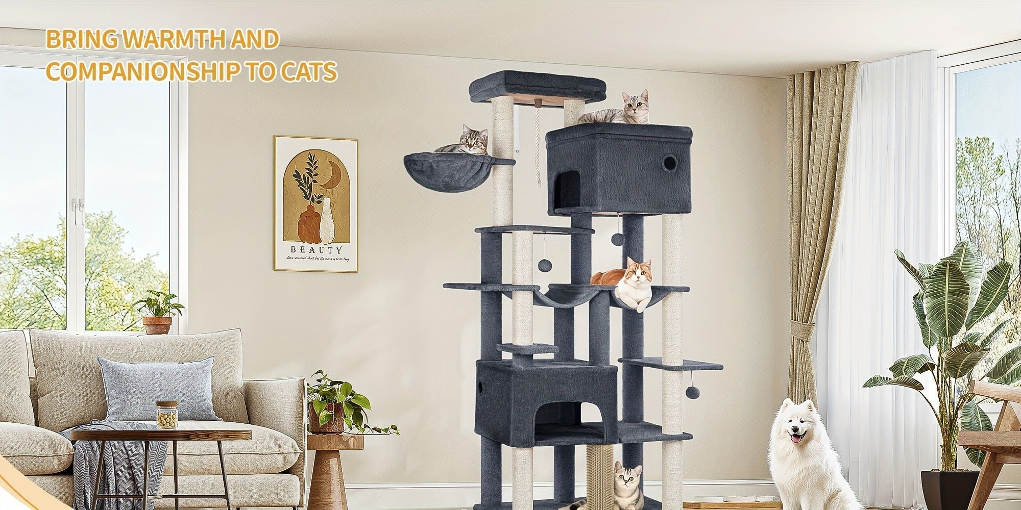 Árbol para gatos, Árbol para gatos XXL de 200 cm con 10 postes para rascar, 2 cuevas, 2 hamacas, plataforma grande, cepillo para gatos, cesta, árbol para gatos resistente para Maine Coon y gatos más grandes, gris claro/gris oscuro/beige