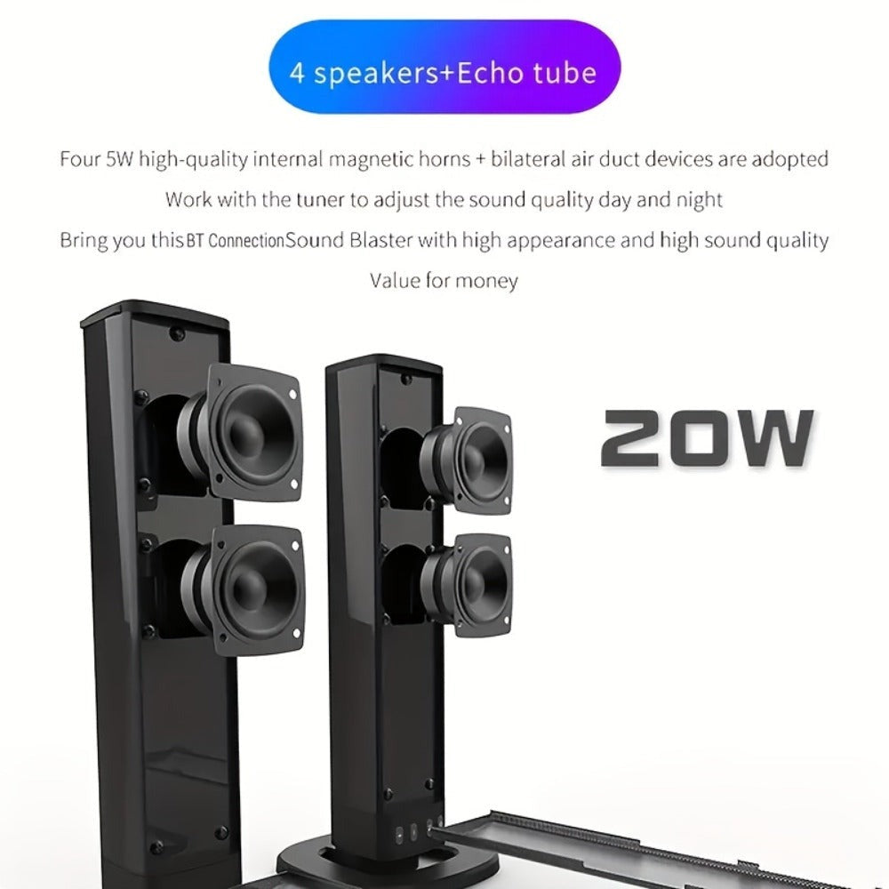 Barra de Sonido Estéreo para Smart TVs, Subwoofer sin varillas 2 en 1, Sistemas de Cine en Casa, Mejora de Graves, Conectividad Inalámbrica, TF, AUX, FM, RCA, TWS, Batería Recargable Integrada de 2000mAh, Compatible con Reproductor de DVD, TV, Computadora
