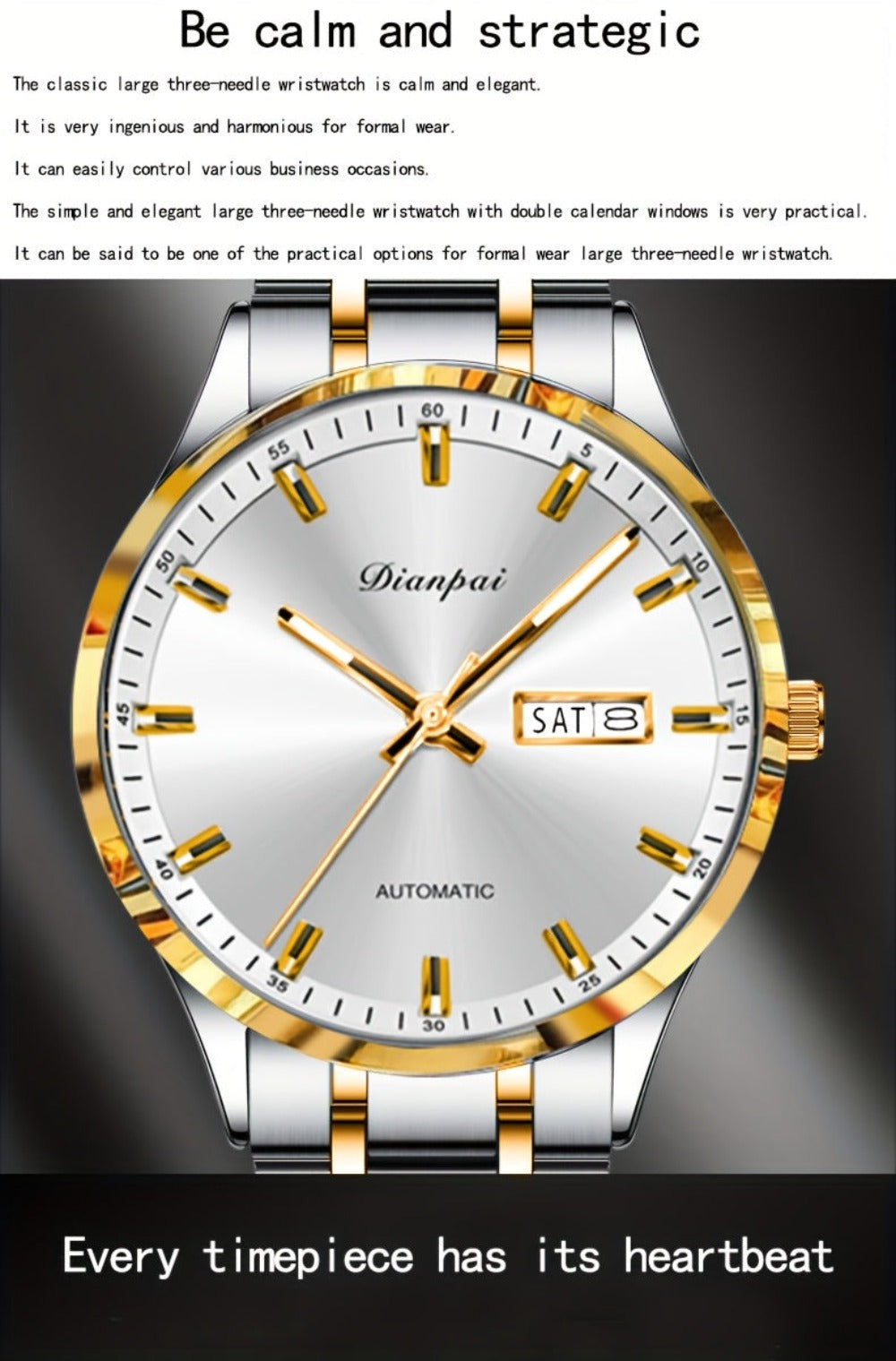 Un reloj de hombre tradicional y sofisticado con un calendario luminoso, fabricado con una correa de acero inoxidable, lo que lo convierte en un regalo ideal para hombres. El reloj mecánico automático Dianpai para negocios, sin batería.