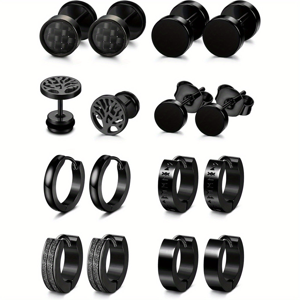 8 Pares de Aretes Negros para Hombre, Aretes de Acero Inoxidable 316L Hipoalergénicos para Pendientes de Piercing, Aretes de Aro Negros para Hombre