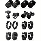 8 Pares de Aretes Negros para Hombre, Aretes de Acero Inoxidable 316L Hipoalergénicos para Pendientes de Piercing, Aretes de Aro Negros para Hombre