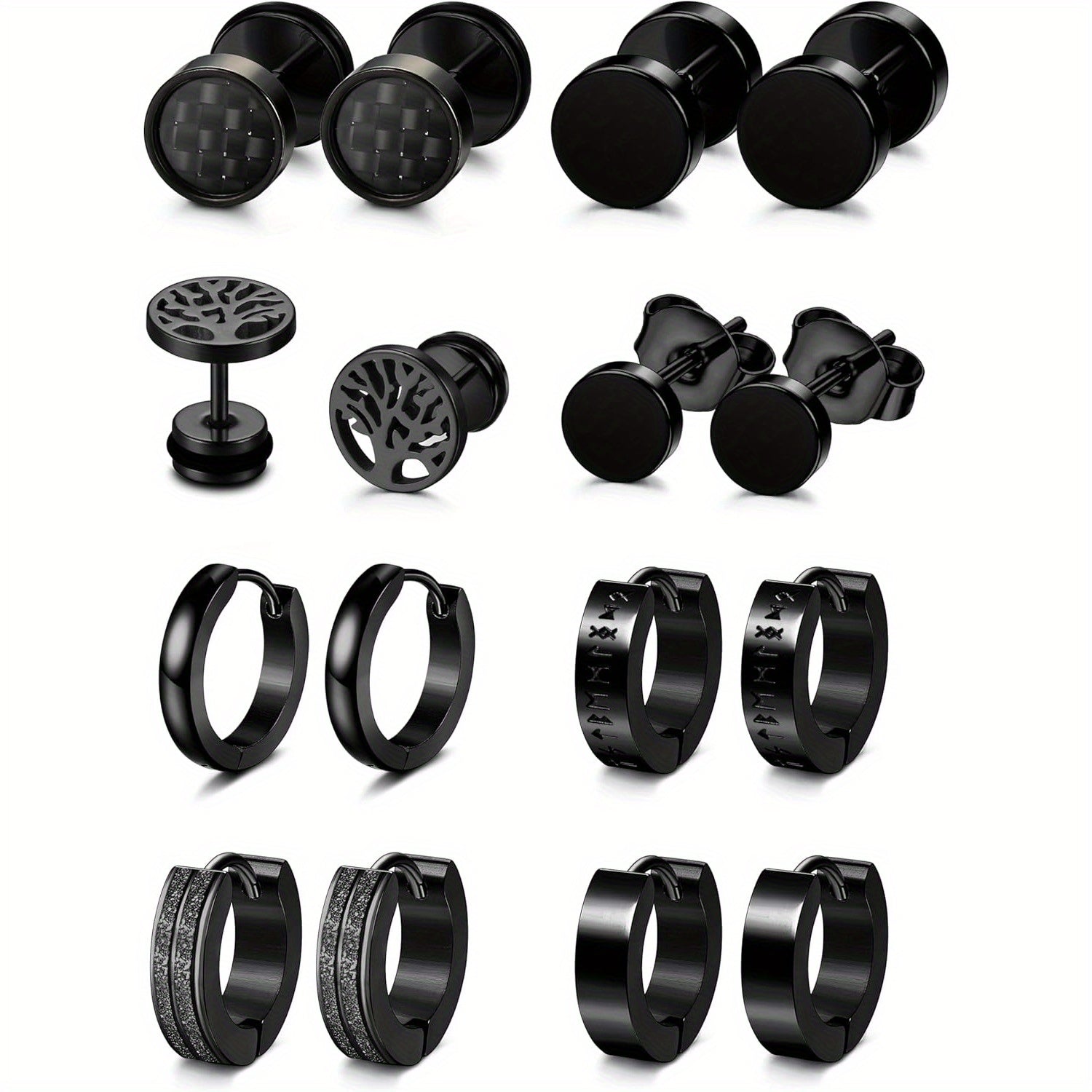 8 Pares de Aretes Negros para Hombre, Aretes de Acero Inoxidable 316L Hipoalergénicos para Pendientes de Piercing, Aretes de Aro Negros para Hombre