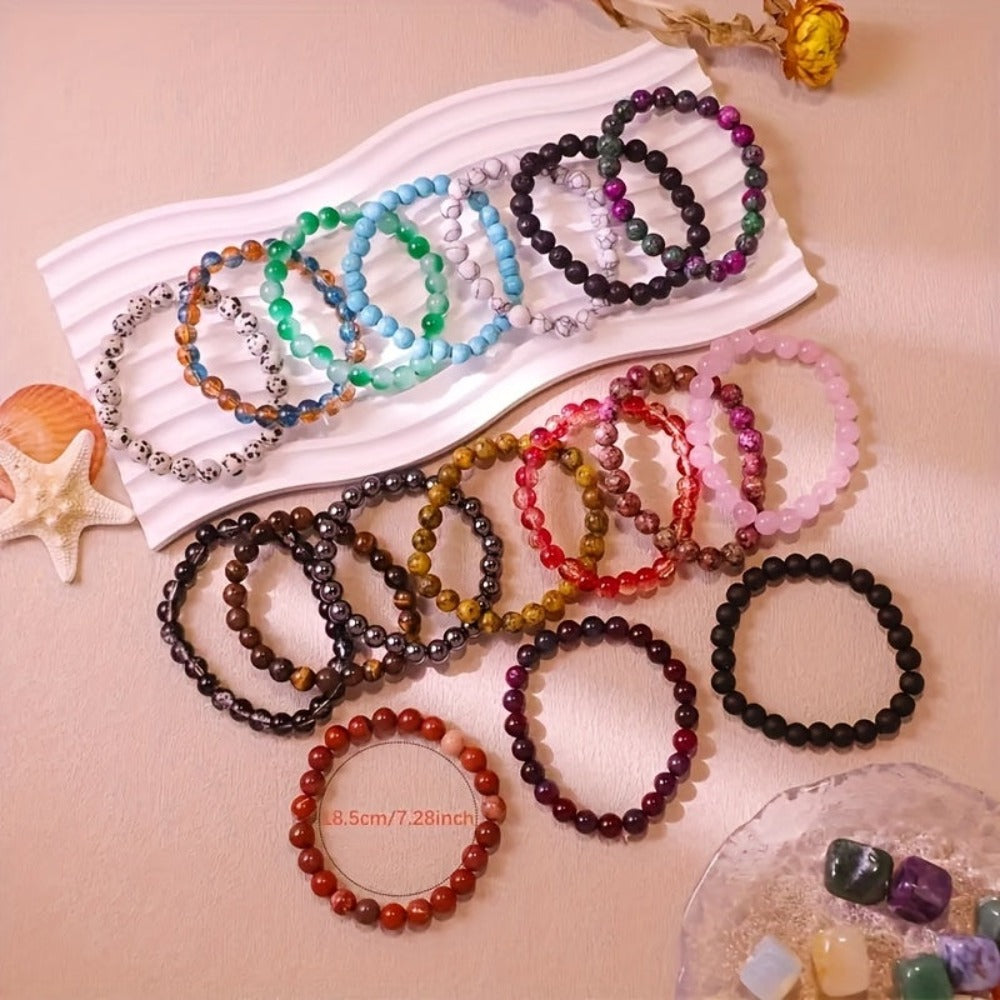 80 pulseras bohemias elásticas con cuentas de piedra de color aleatorio - Joyería unisex extensible apilable multicolor para hombres y mujeres, uso diario y para regalar