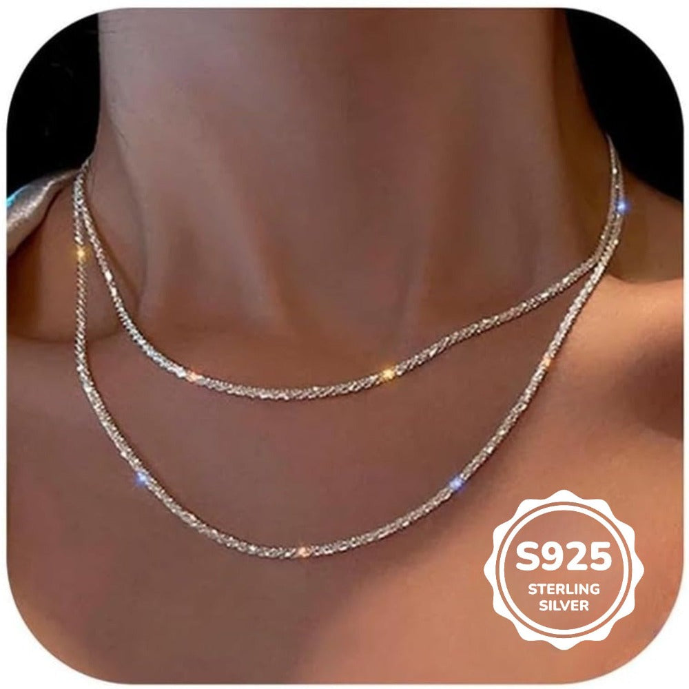 2 collares de plata 925 para mujer - Collar apilable ajustable con cadena de Singapur en capas - Cadena de cuerda cortada brillante