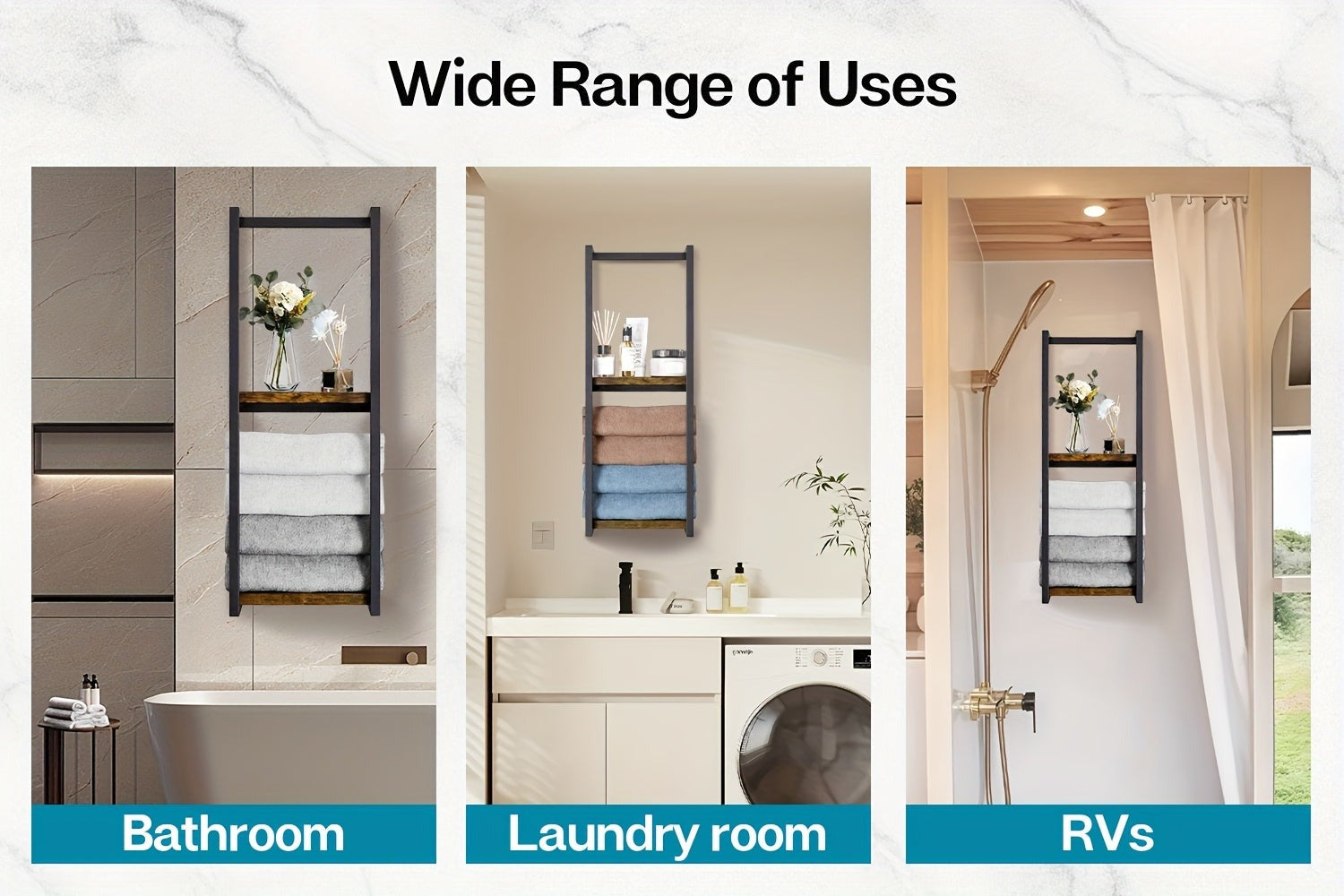 Estante de baño de pared de diseñador - Estante de almacenamiento de madera estilo rústico francés con estantes de madera duradera y estructura de acero, organizador de pared para toallas y artículos de aseo apto para baños modernos, spas, suites principa