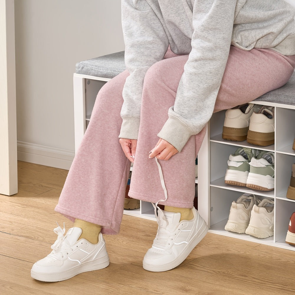 Banco para Zapatos, Estante con Asiento, Banco con Almacenamiento, Cojín, 12 Compartimentos, para Sala, Pasillo, Dormitorio, Blanco-Gris