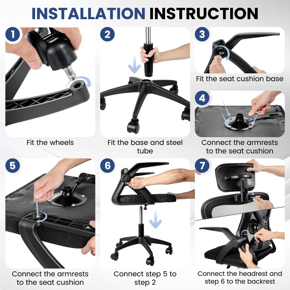 Silla de oficina ergonómica con reposacabezas y soporte lumbar, silla giratoria de escritorio con altura ajustable, silla de ordenador con respaldo de malla transpirable, reposabrazos y ruedas para oficina en casa, estudio, gaming