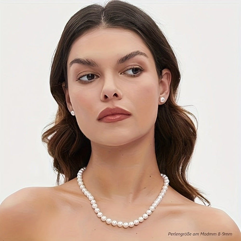 Conjunto de collar de perlas de agua dulce en plata de ley S925 | Cierre de langosta y cadena extensible | Longitud ajustable