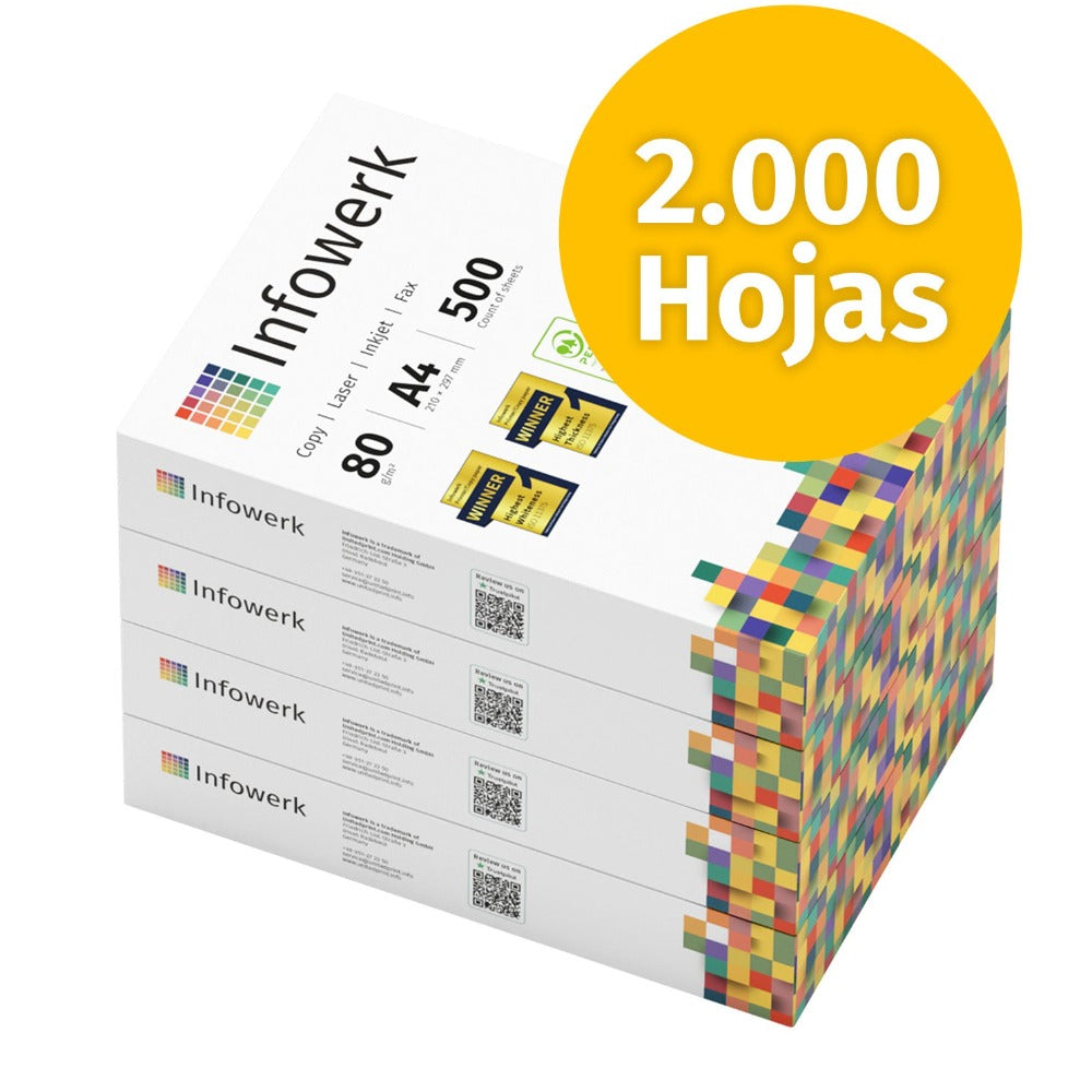 Infowerk Papel para Impresora, Papel de Copiadora 2000 Hojas 4 X 500 A4 80G Blanco Premium Certificado PEFC
