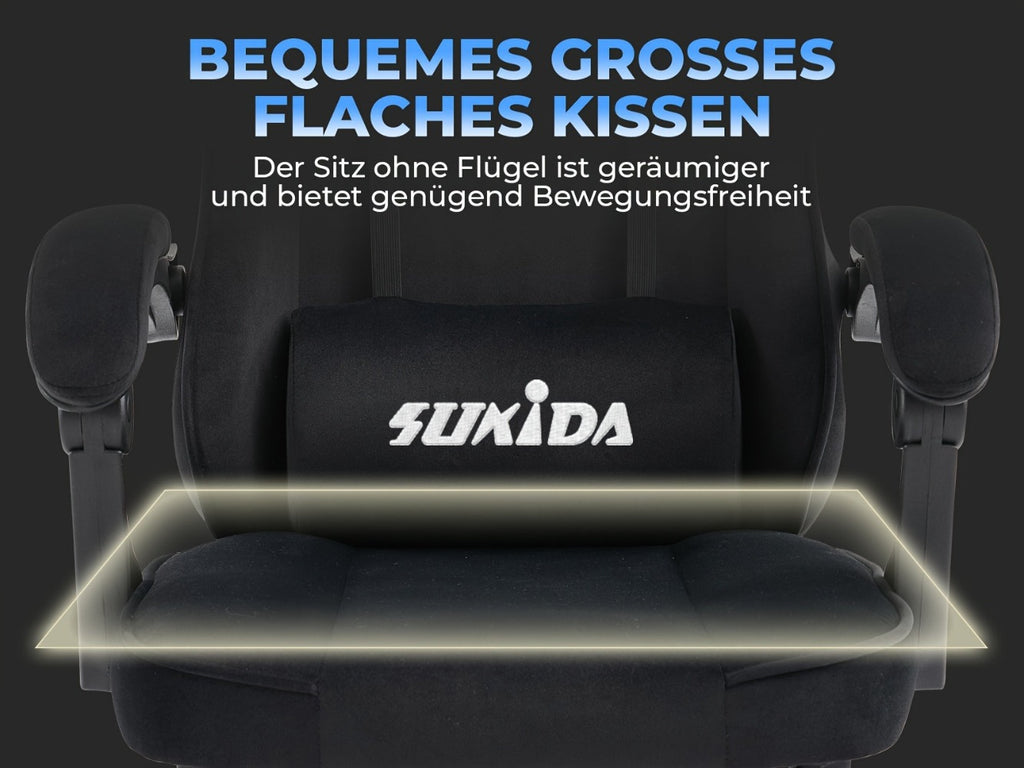 Silla de gaming SUKIDA de tela, silla de gaming ergonómica con reposapiés, silla de carreras para ordenador ajustable con soporte lumbar, silla ergonómica para PC negra