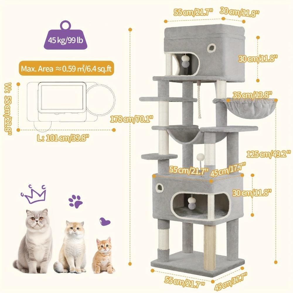 Rascador para Gatos, Árbol de 178 cm con Plataforma Grande, 2 Cuevas, 7 Postes Rascaresos, Pompones, Reposaderos y Hamaca, Adecuado para Todas las Razas de Gato, Gris Claro