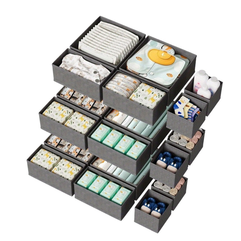 Paquete de 18/24 Organizadores Plegables para Cajones con Tela Profunda y Cierre en Zip - Beige, Contenedores Multicompartimento Resistentes Para Ropa, Calcetines, Pañales, Toallas, Sostenes & Ordenación del Vestidor o Guardería - Cubículos Ahorradores de
