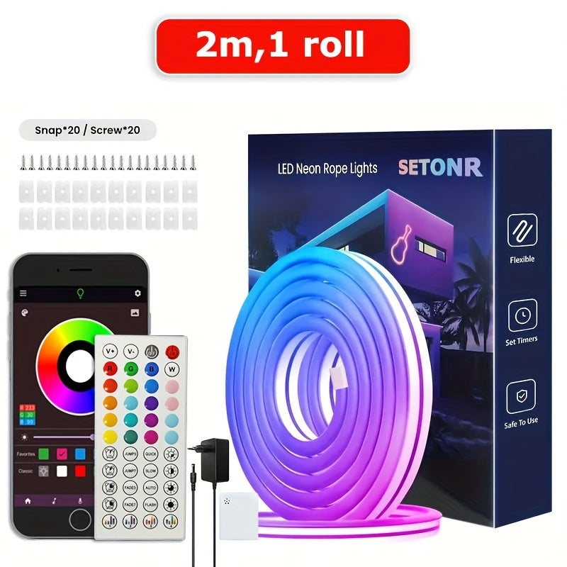Tira de luz neón RGB, clasificación IP65, control remoto y control por APP disponible, color ajustable, sincronización APP con música, ideal para salas de juegos, dormitorios, decoraciones interiores para Navidad y Halloween.