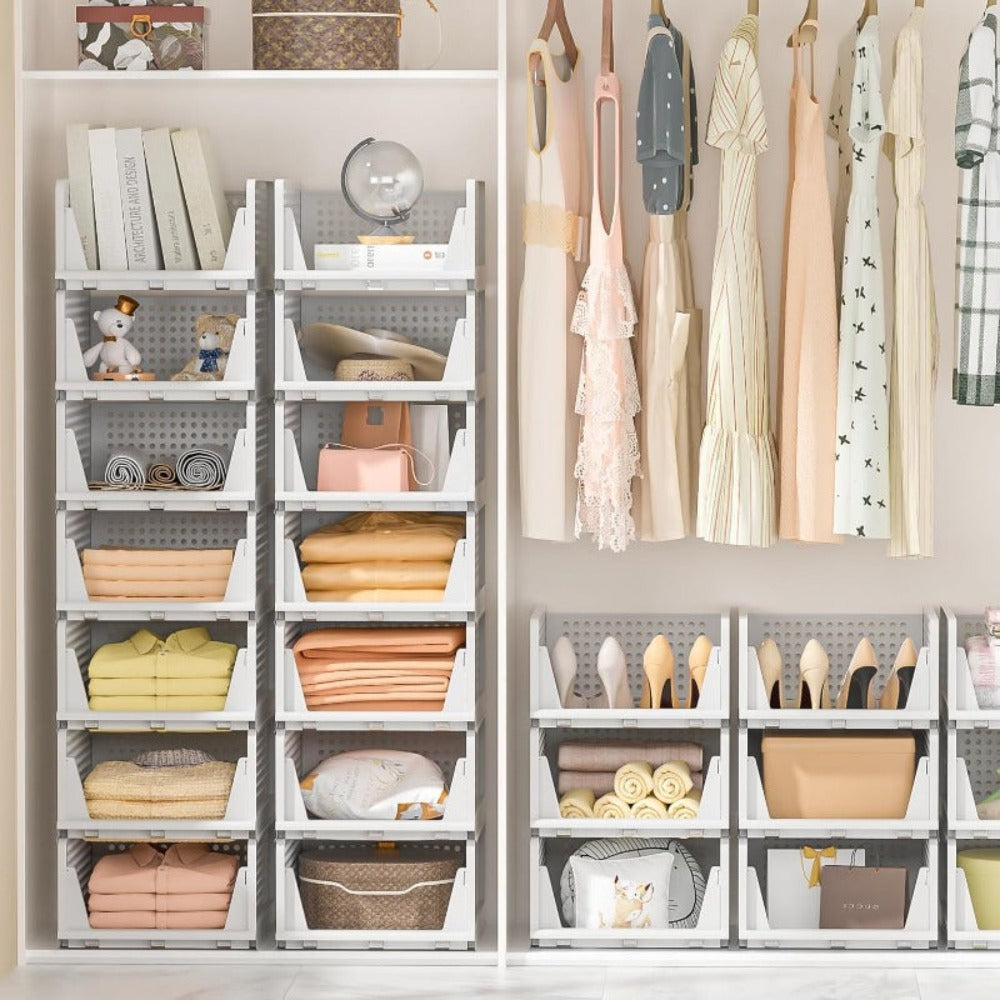 4 piezas Organizador de Armario | Cajón Apilable, Sistema Extensible y Plegable, Caja de Almacenamiento de Ropa de Plástico para Dormitorio, Cocina, Blanco - Furnestorica