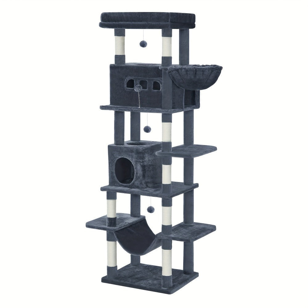 Árbol para gatos extra alto de 210 cm con 8 postes rascadores y 2 cuevas - Muebles para gatos de múltiples niveles de alta resistencia, tapete lavable, hamaca y pelotas de felpa - Torre para gatos grande con base resistente