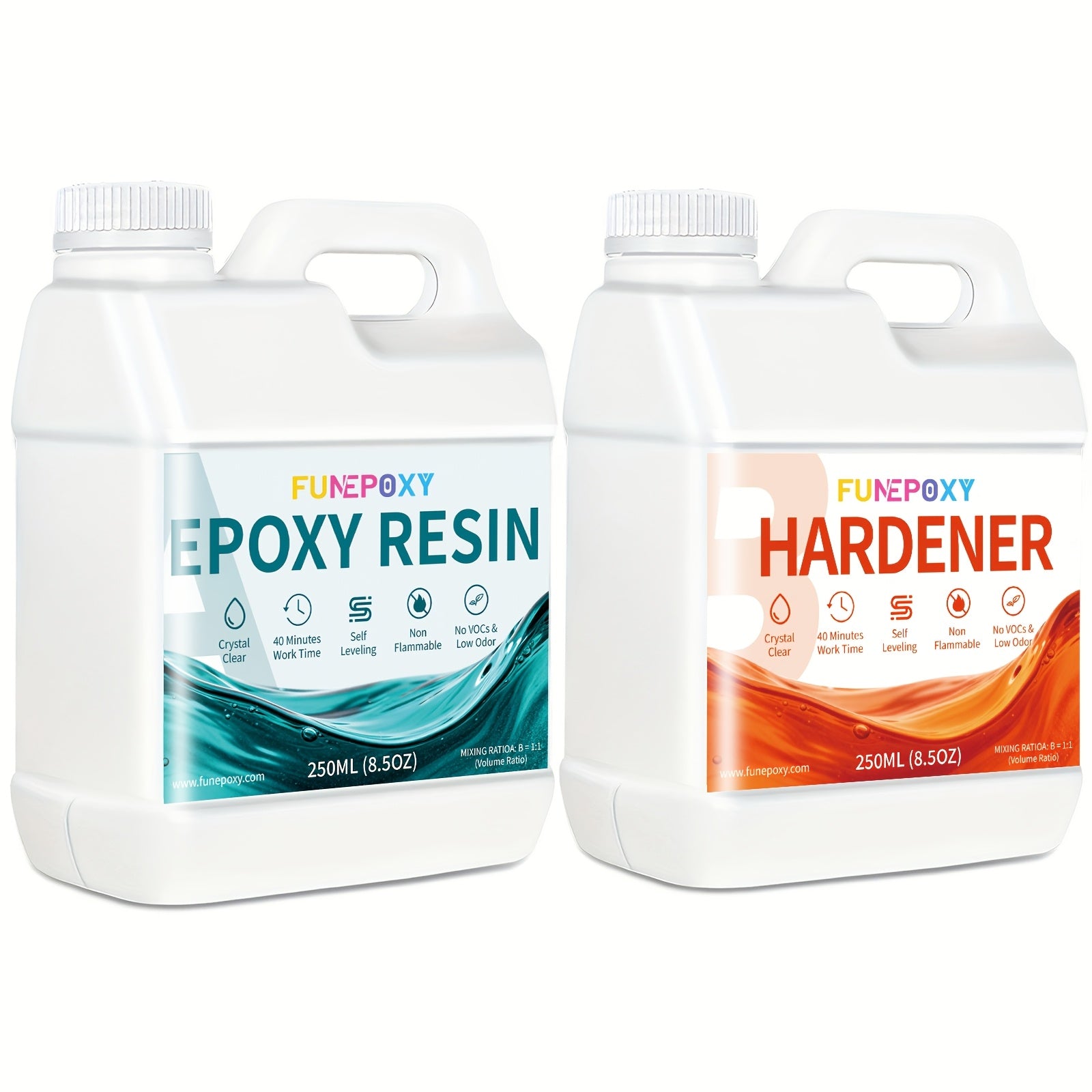 Kits de Resina Epoxi FUNEPOXY 500Ml/1L/2L - Kit de Resina y Endurecedor Cristalinos, Recubrimiento de Colada sin Burbujas para Mesas de Río, Resina de Colada Artística, Proyectos de Joyería, Manualidades para Vasos, Moldes, Pintura Artística