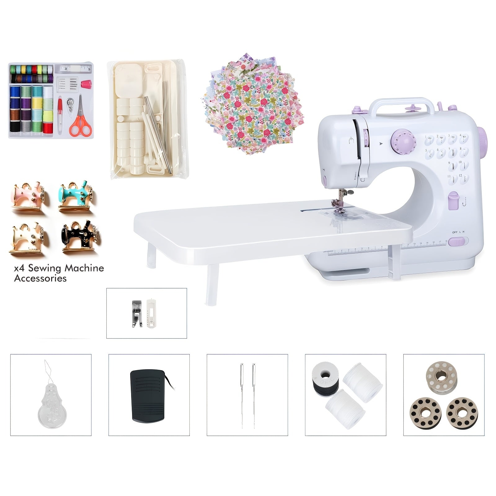 Mini máquina de coser para principiantes, máquina doméstica multifuncional de 12 agujas, portátil, de doble hilo, con costura inversa, dos velocidades, a pilas (pila no incluida en el paquete) con versión extendida + accesorios de costura