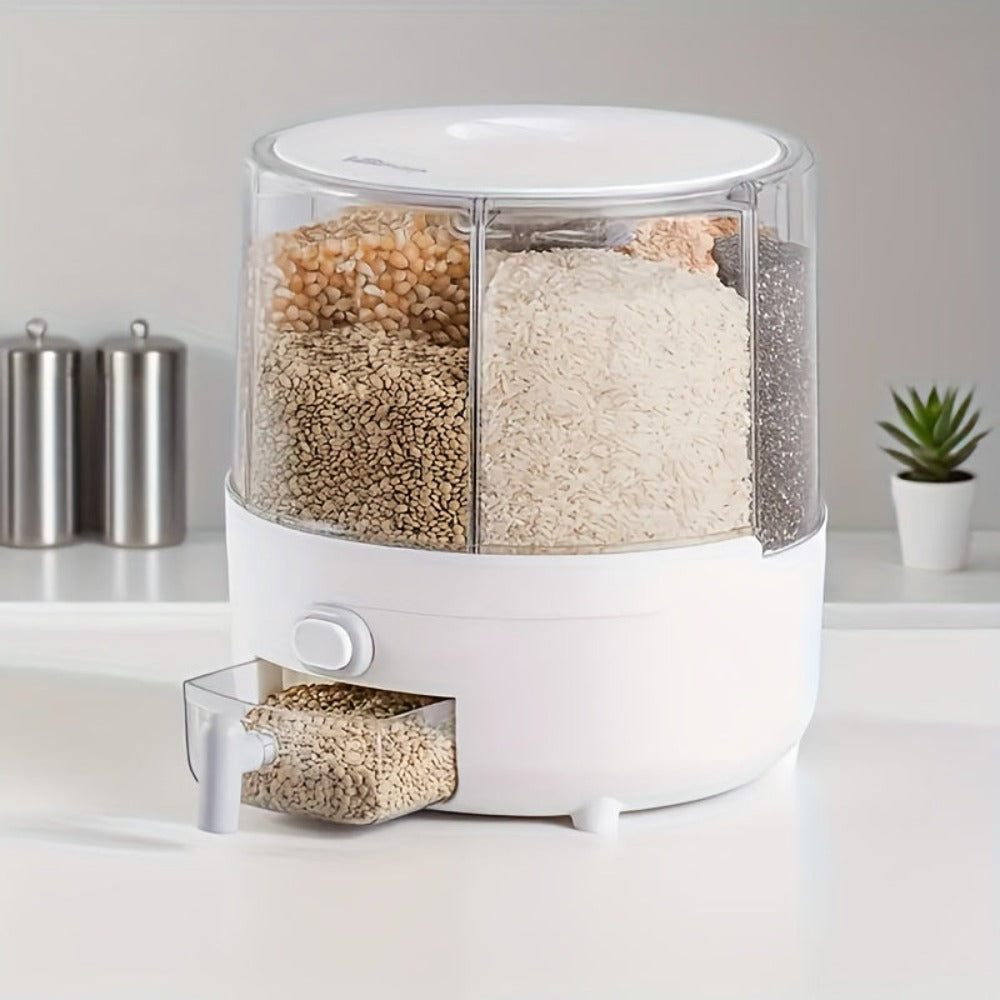 Dispensador de granos giratorio, sellado para cocina, a prueba de insectos y humedad, contenedor de almacenamiento de cereales enteros, cubo de arroz doméstico con seis compartimentos grado alimenticio