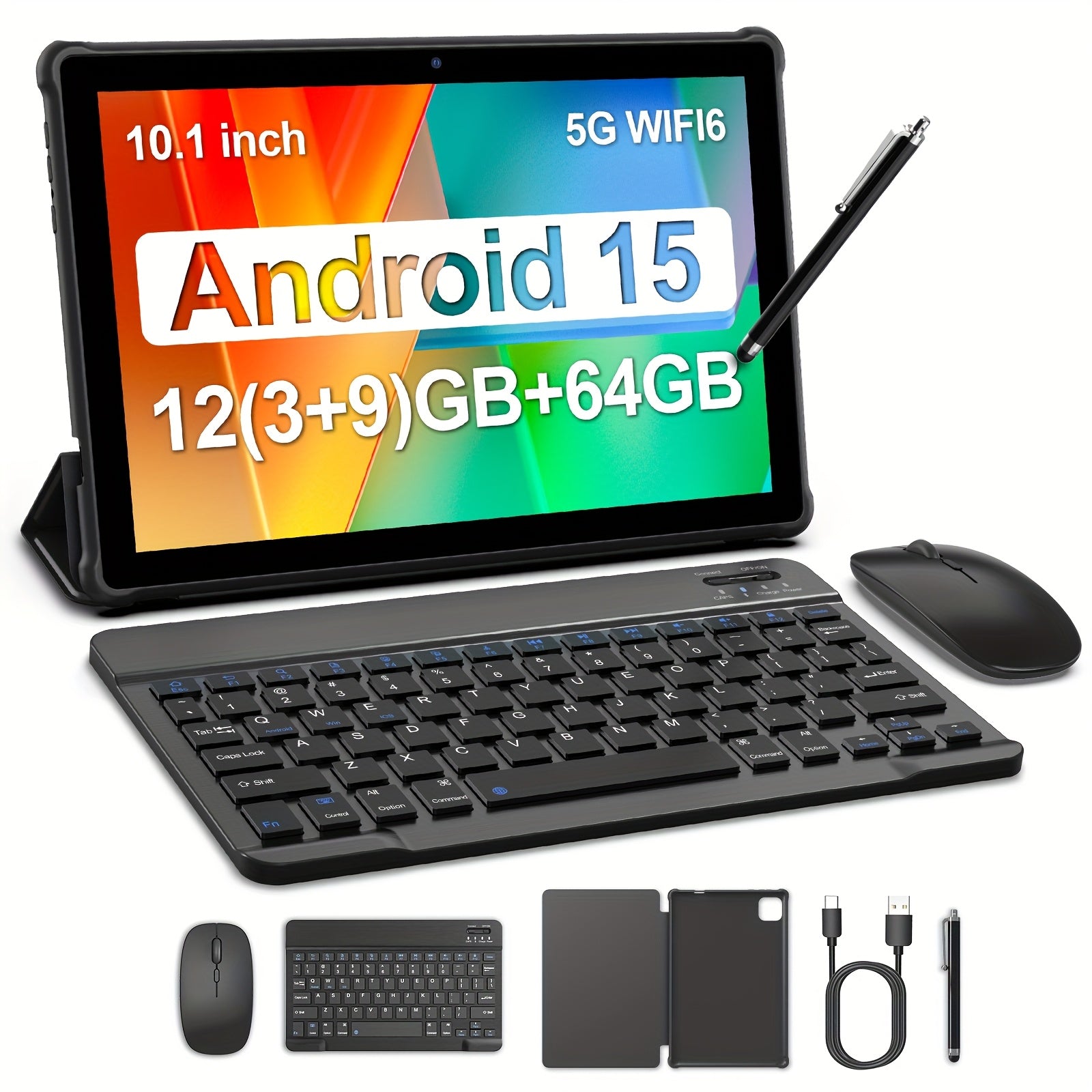 Tabletas Android | Tableta nueva con sistema Android 15, 10.1 pulgadas, 12 (3+9) GB de RAM, 64 GB de ROM + 1 TB de memoria ampliable, 2.0 + 8.0