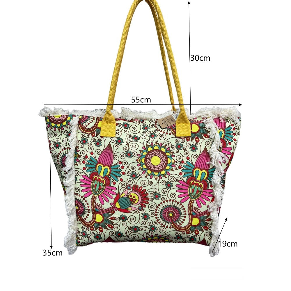 MEJORADA Bolso de Playa Grande con Estampado Colorido y Flecos, Estilo Tote con Forro Interior, Tamaño 55x35x20 cm - Ideal para Playa, Piscina y Viajes