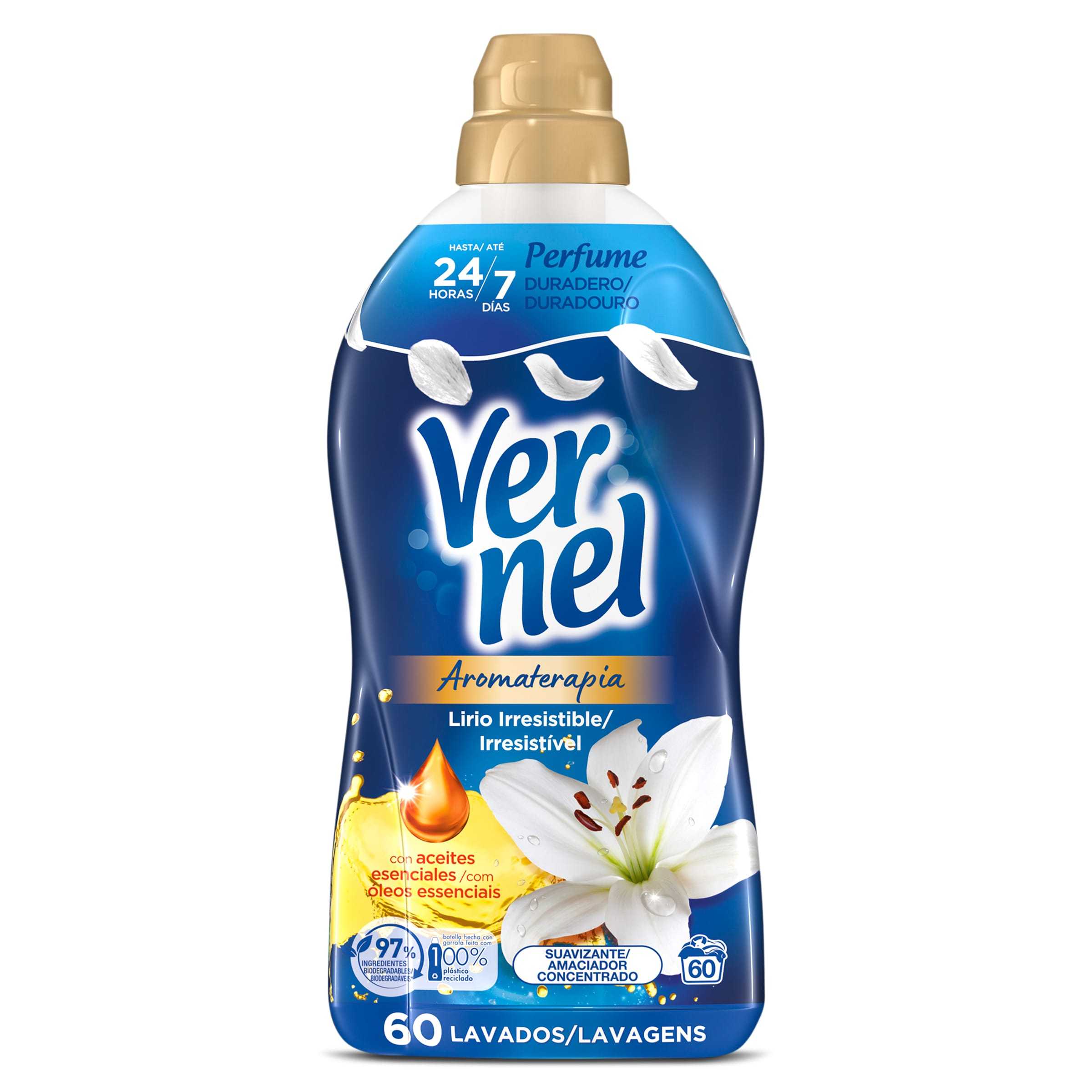 Paquete de 4 suavizantes de tela Vernel de aromaterapia para 4*60 lavados (Maldivas-Delicado, Lirio Irresistible, Té Blanco/Té) - Paquete de 4 suavizantes de tela Vernel de aromaterapia Cielo Azul para 4*55 lavados - Paquete de 4 suavizantes de tela Verne