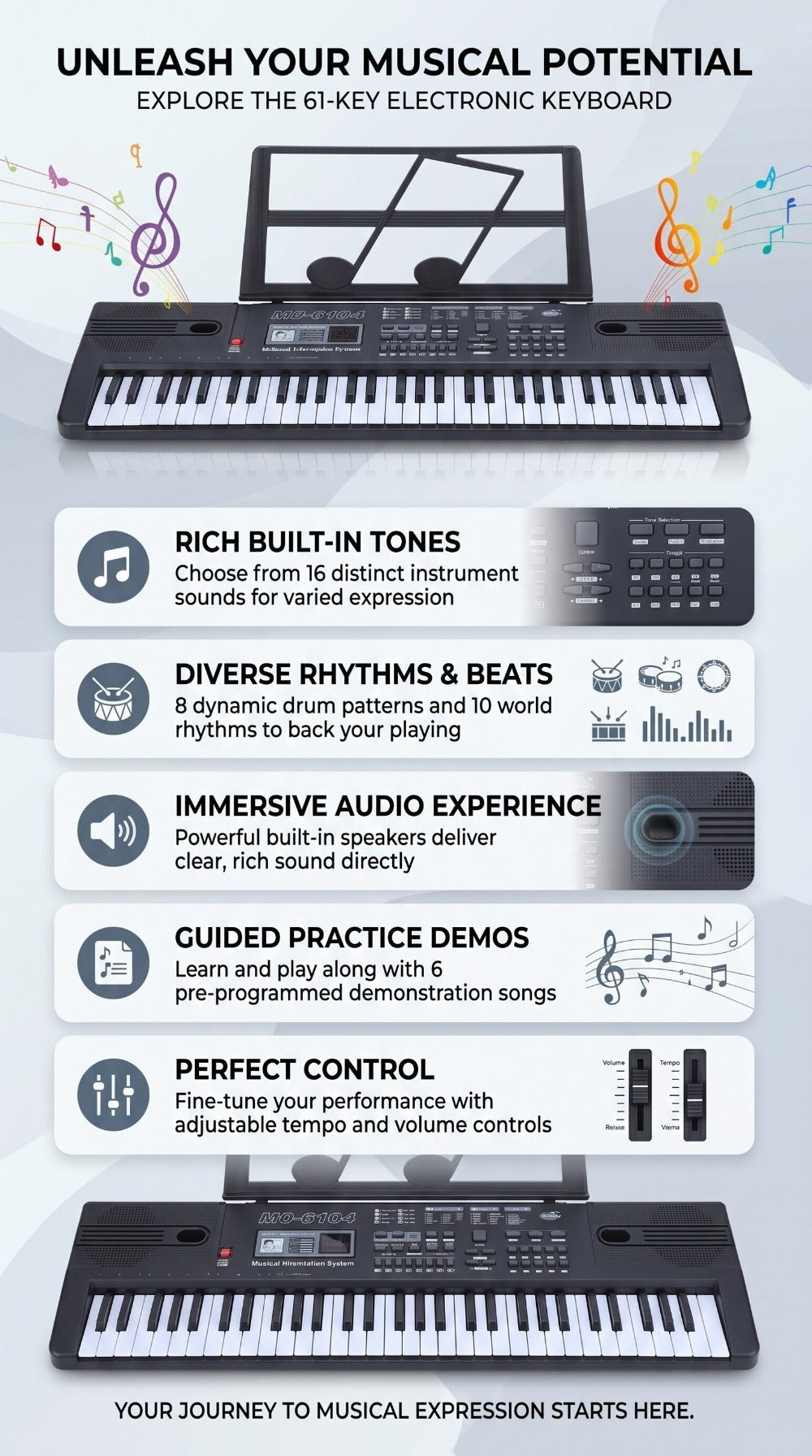 Piano electrónico de 61 teclas, piano ideal para principiantes, piano electrónico portátil, con 16 tonos, 8 efectos de sonido de percusión, 10 ritmos, 6 demostraciones, altavoces incorporados, sonido de alta calidad, es la mejor opción para entusiastas de