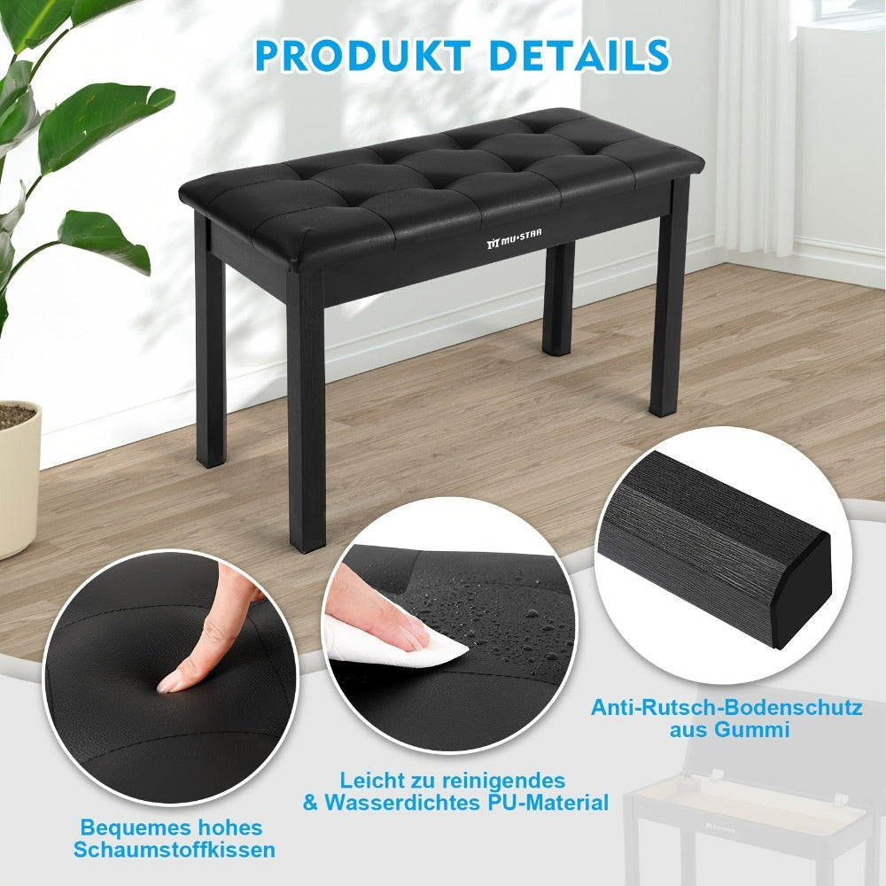 Banqueta para Piano MUSTAR de 74 cm con Almacenamiento - Taburete de Madera Maciza, Tapizado en Piel Sintética Suave y Compartimento Abatible para Teclados Digitales, Decoración del Hogar, Banqueta de Tocador -