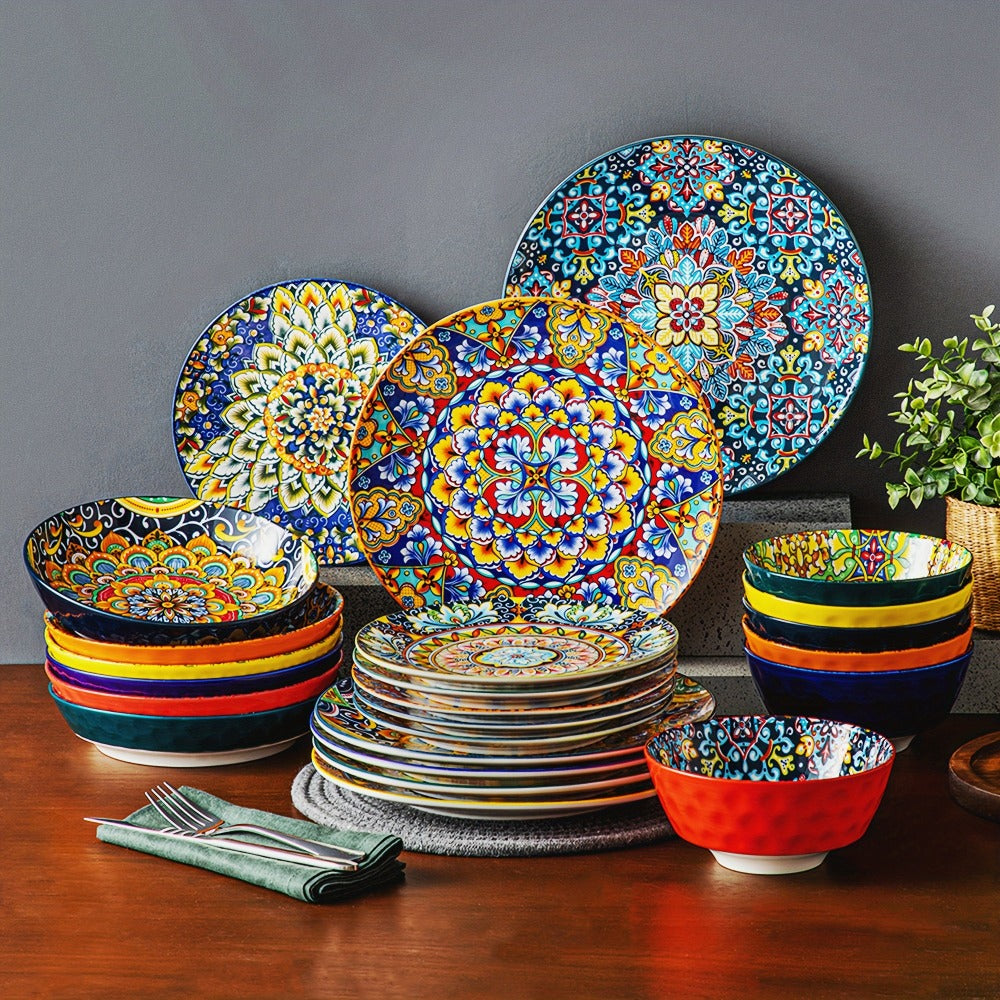 Juego de 24 Piezas de Vajilla Estilo Bohemio con Plato Principal, Platos para Postre y Tazones para Pasta o Cereal, Servicio para 6 Personas