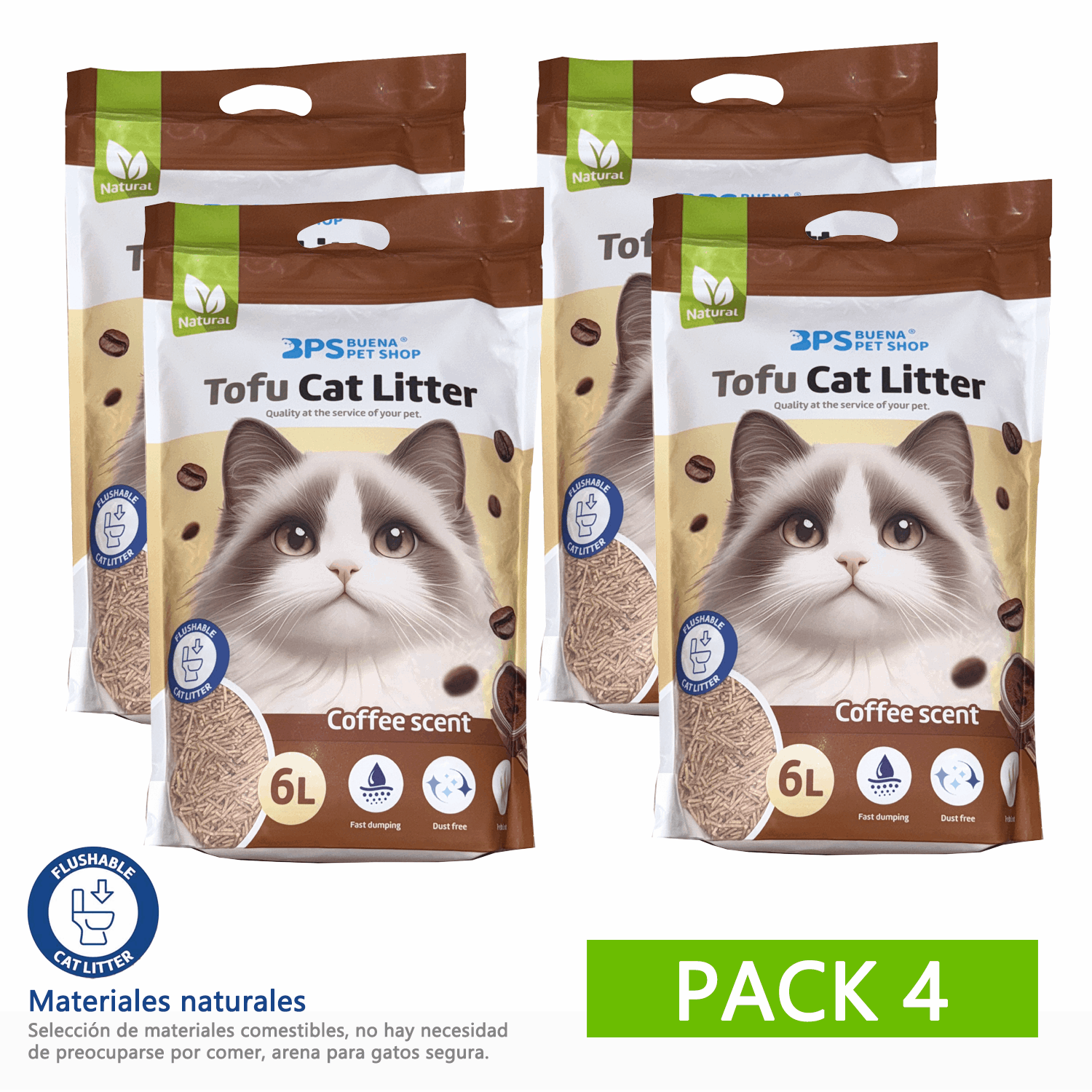 4PCS Arena de Tofu para Gatos aglomera 6L - Sin Polvo Fácil de Aglomerar y Controla Olores -y Segura para Gatitos 2-2.3kg cada bolsa