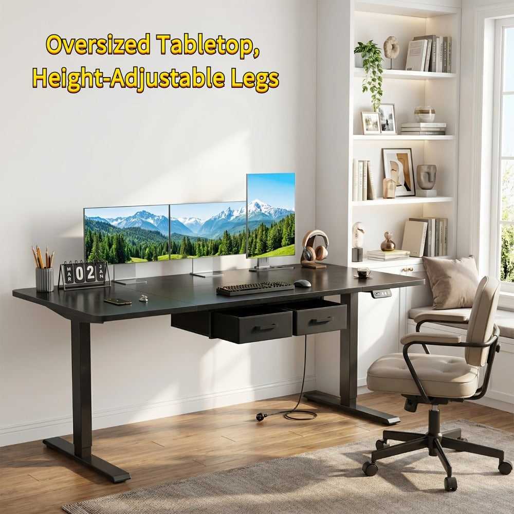 Furnishia Escritorio Eléctrico Elevable con Tomas de Corriente, Escritorio Inteligente con Panel de Memoria y Altura Ajustable con 2 Cajones, Escritorio para Oficina y Estación de Trabajo para Escritura
