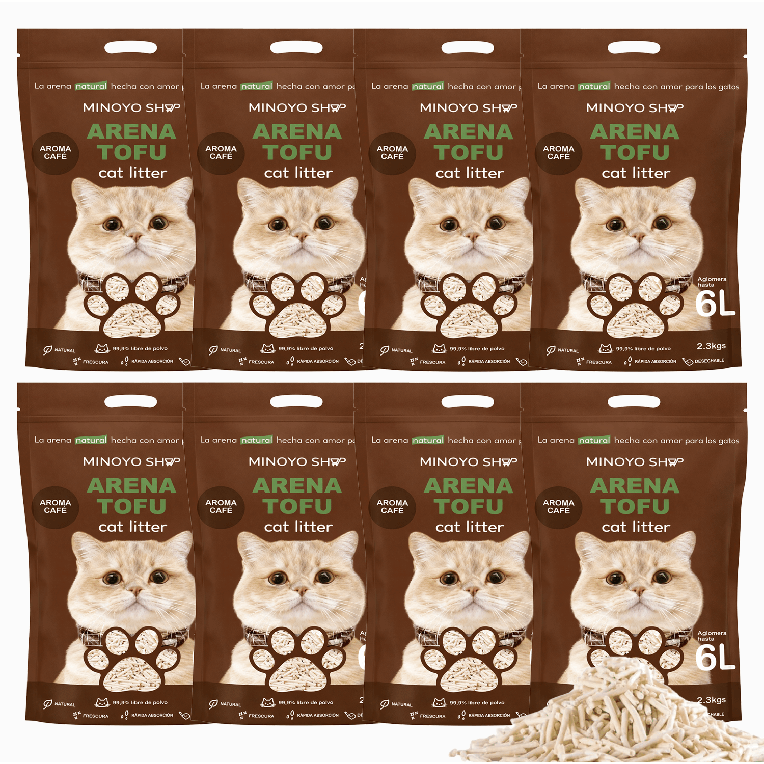 Arena de Tofu para Gatos aglomera 6L - Sin Polvo Fácil de Aglomerar y Controla Olores -y Segura para Gatitos - Pack de 4/8 Bolsas