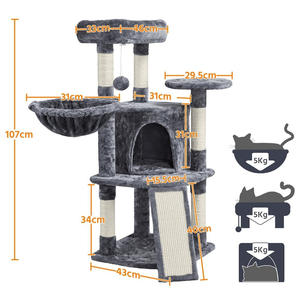 Costoffs Árbol para gatos de 107 cm con plataforma de observación, cueva para gatos, 5 postes de sisal, cueva de descanso, rascador y bola de felpa colgante, mueble para gatos