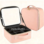Esta extra grande bolsa de maquillaje viene en rosa y negro, con espejo y ofreciendo amplio espacio para cosméticos. Su diseño elegante la hace ideal tanto para maquilladores profesionales como para uso personal.