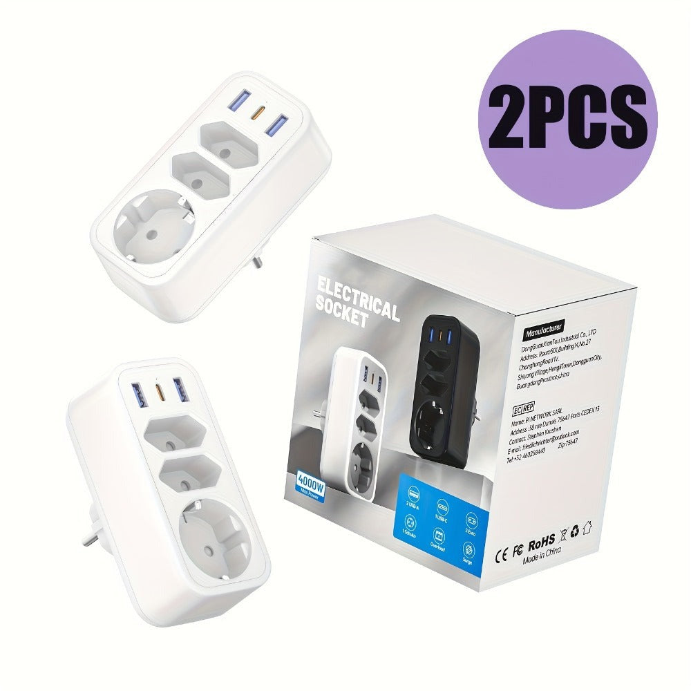 2 unidades de enchufe USB, adaptador de enchufe, multi enchufe 6 en 1 con 3 salidas, 2 cargadores USB, 1 puerto tipo C, compatible con teléfonos celulares, computadoras portátiles, para electrodomésticos, multi enchufe para el hogar, viajes y oficina