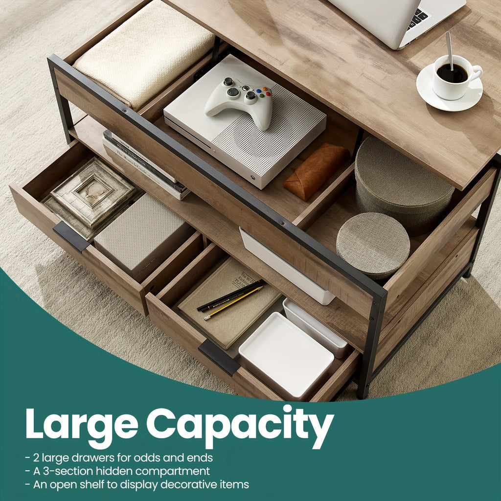 Mesa de Café con Tapa Elevable, Mesa de Sala, con Cajones de Almacenamiento, Compartimentos Ocultos y Estante Abierto