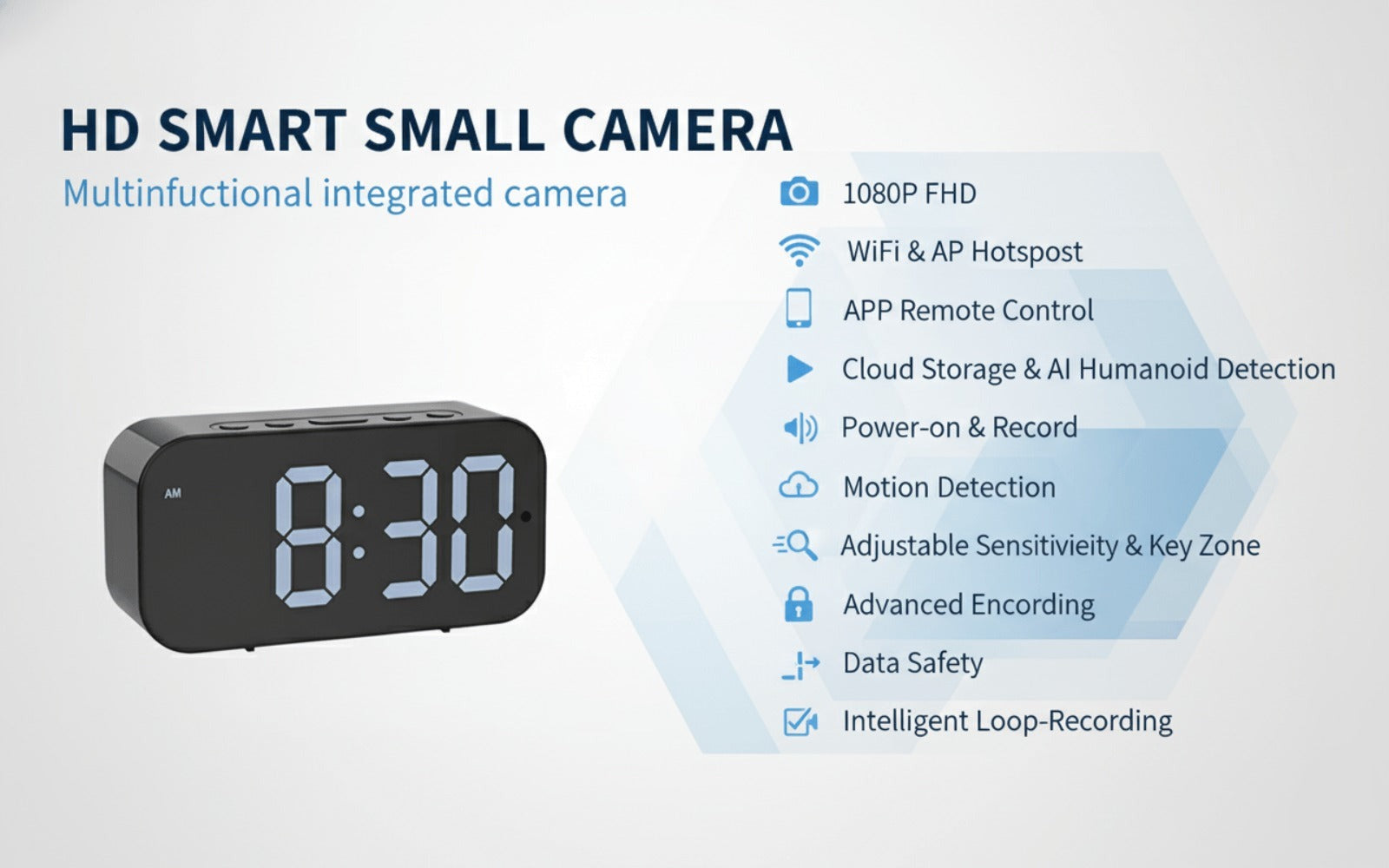 Cámara con reloj digital 1080P FHD, cámara de seguridad con tarjeta SD de 32 GB, punto de acceso AP y WiFi6, visualización remota en tiempo real, almacenamiento local, detección de movimiento, para uso en interiores en hogar, oficina y tienda inteligentes