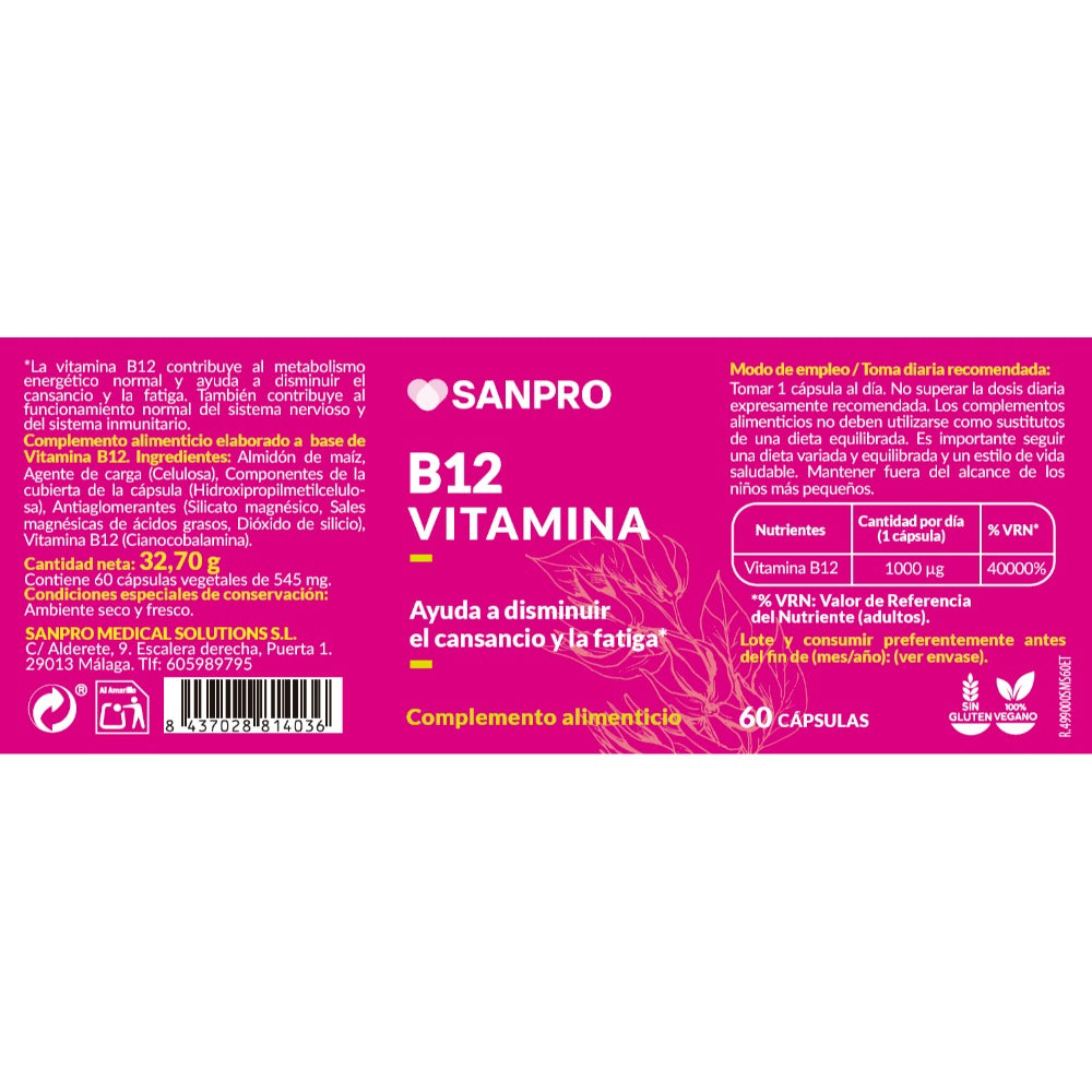 Vitamina B12 1000µg Alta Dosis | 60 Cápsulas Veganas - Sin OGM | Cianocobalamina Alta Absorción | San Pro