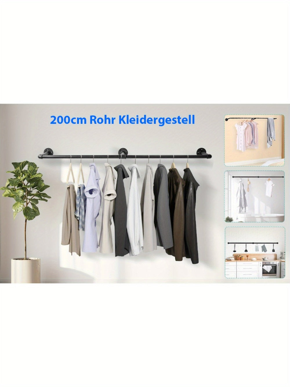 Perchero de tubo industrial de 200 cm para montar en la pared, toallero, barra para prendas de estilo vintage, riel de pared de alta resistencia para colgar y exhibir ropa, para dormitorio y lavadero