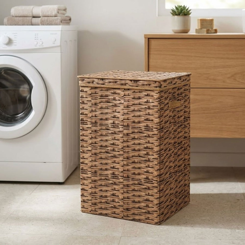 Cesta de lavandería grande de plástico con estampado de ratán y espacio de almacenamiento, cesta de lavandería para el baño, cesta para toallas de hotel de cinco estrellas, cesta de lavandería, dimensiones 40 x 35 x 60 cm