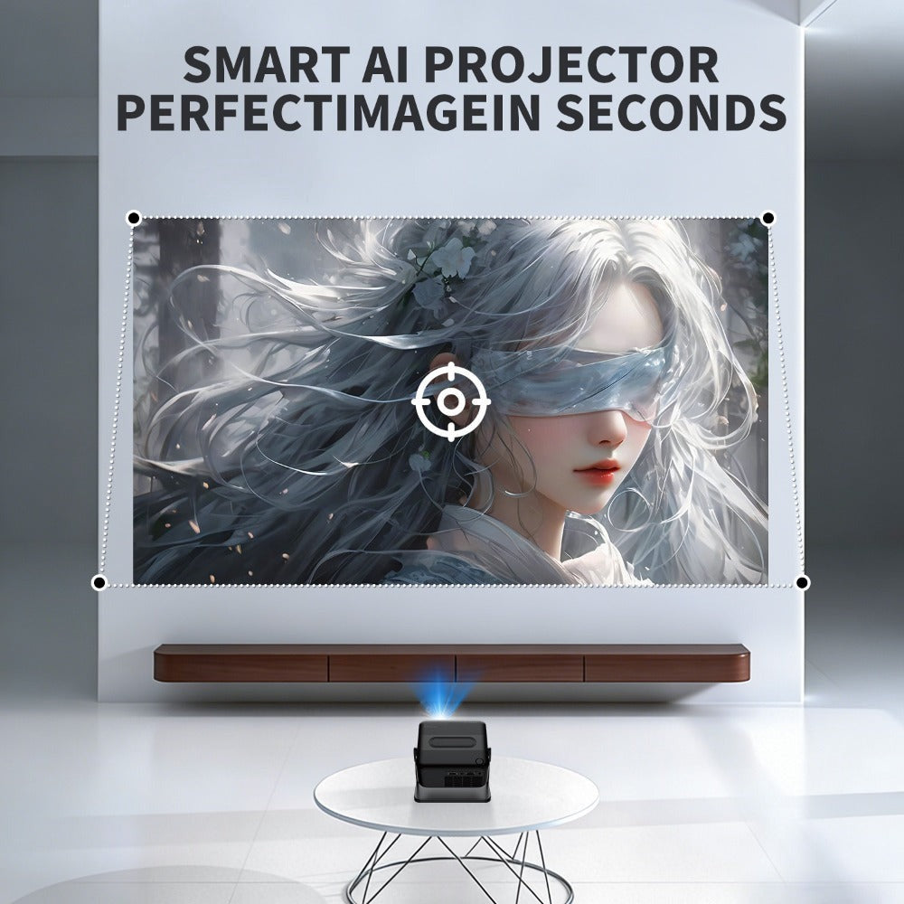 Proyector de cine en casa compacto con compatibilidad 4K, resolución local 720P, activación por voz y ajuste trapezoidal automático, ideal para streaming, dormitorio y aplicaciones de oficina