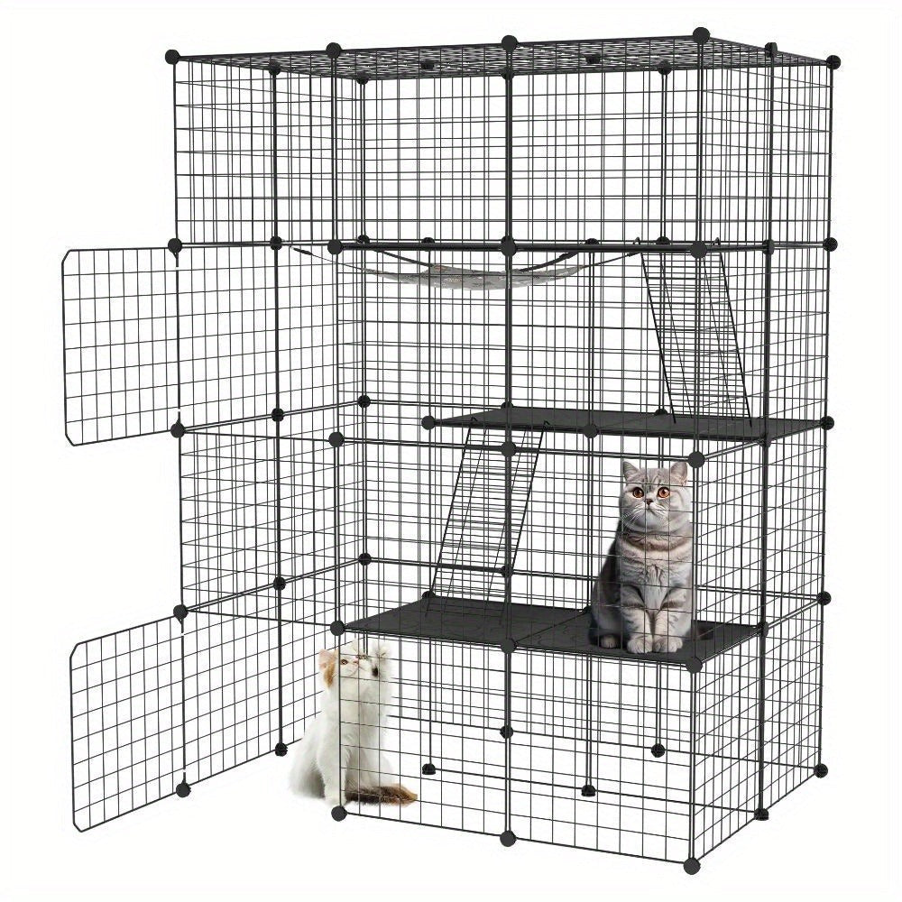 Cerradura Metálica Negra para Exteriores para Conejos, con Puerta y Adecuada para Animales Pequeños como Cobayas y Cachorros, Medidas 146X110X74 Cm (4 Columnas y 3 Capas)