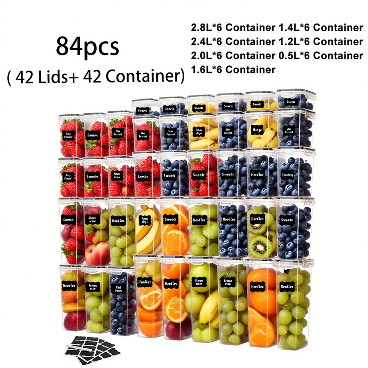 Contenedores Sellados para Alimentos 48/20 piezas, Organizador y Almacenamiento de Gabinetes de Cocina de Múltiples Tamaños, Latas de Plástico Sanas para Granos, Harina, Azúcar, Pasta, Incluyendo Etiquetas y Marcaciones (24/10 Tapas y 24/10 Frascos)