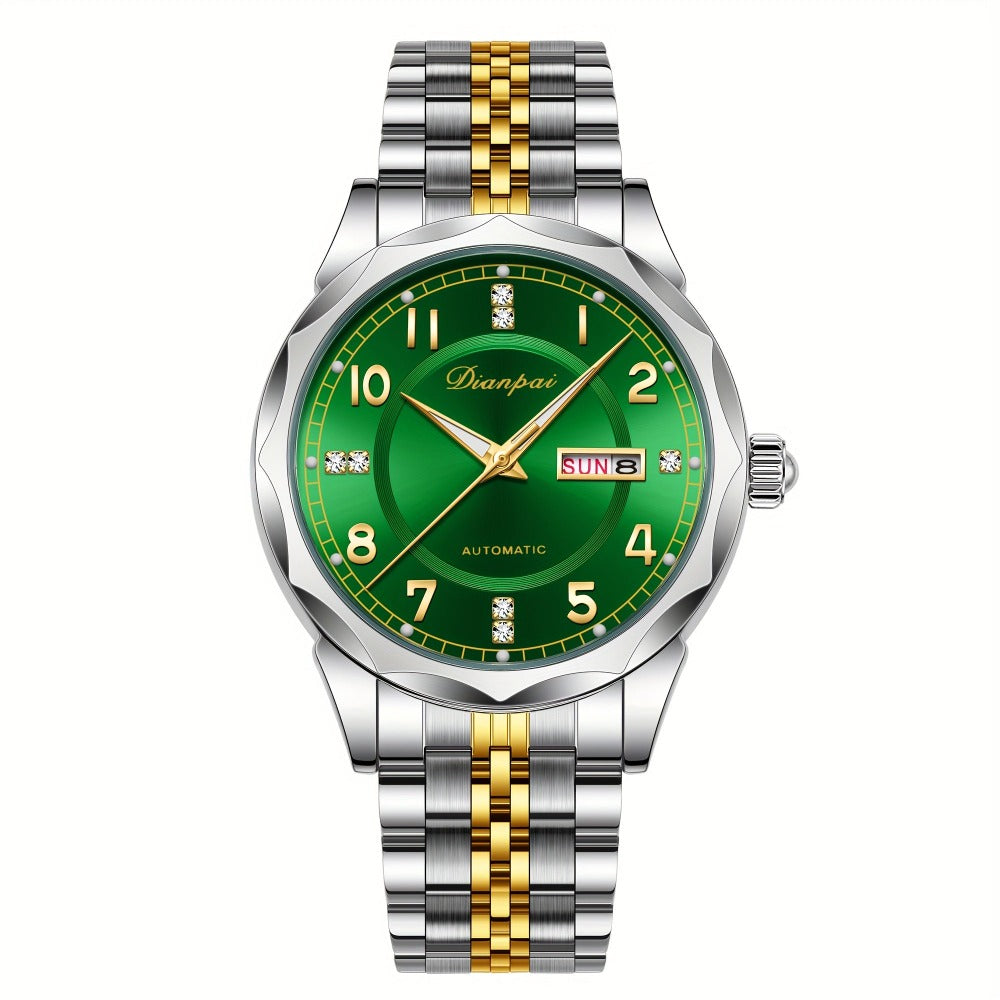 Reloj mecánico automático Dianpai para hombre - Acero inoxidable, esfera verde con marcadores dorados, indicador de fecha, pulsera de cadena de muñeca - Reloj de lujo para fiesta y uso casual, no necesita batería, regalo ideal para él, reloj de pulsera ca